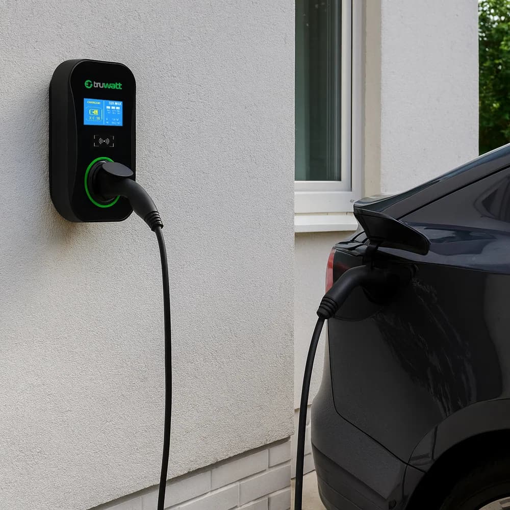Ev duvarına monte Truwatt ZTD701, araç şarj olurken.
